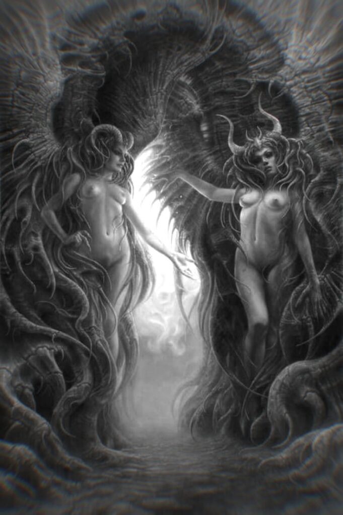 Where Does the Woman with Majestic Wings Stand Defiantly Before a Menacing Demon?