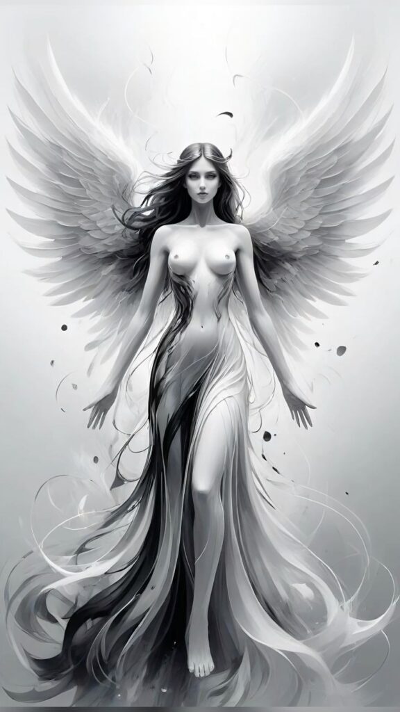 Where Does the Woman with Majestic Wings Stand Defiantly Before a Menacing Demon?