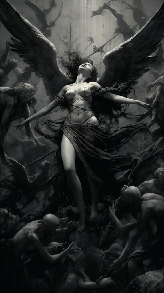 Where Does the Woman with Majestic Wings Stand Defiantly Before a Menacing Demon?