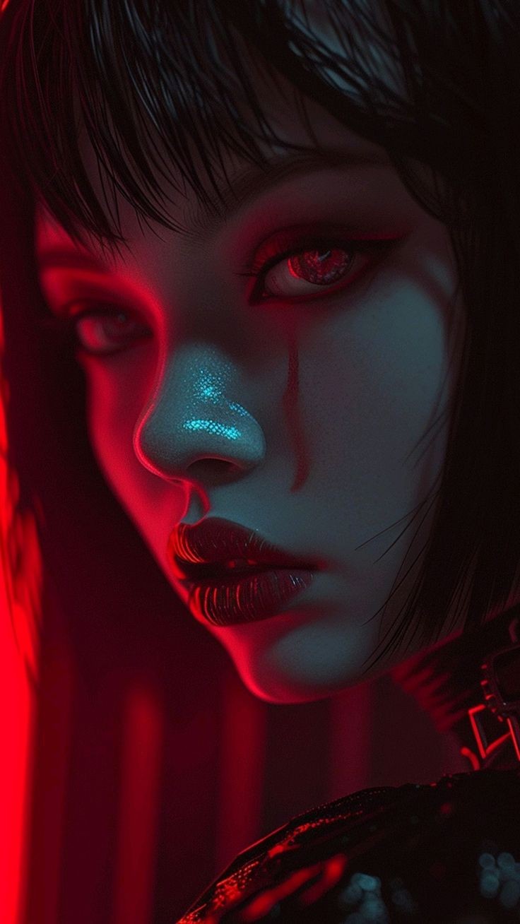 How Does a Woman with Vivid Red Eyes Stand in a Shadowy Environment?