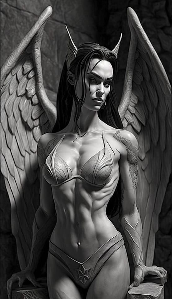 Where Does the Woman with Majestic Wings Stand Defiantly Before a Menacing Demon?